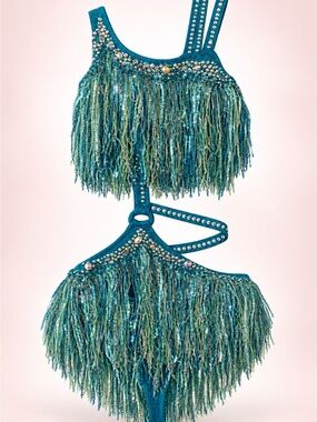 Teal Fringe Dance Costume for Kids - Sparkle Two-Piece
